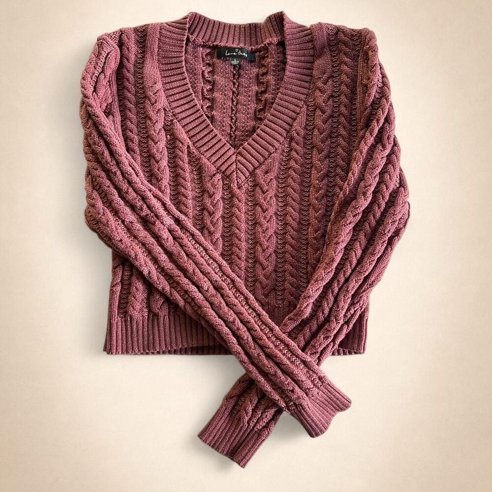Love Tree Cable Knit Sweater Women's L Cropped V Neck Rosewood Burgundy Cozy